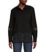 Color:Black - Image 1 - Mixed Media Collared Neck Long Sleeve Button Down Shirt