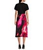 Color:Black/Shocking - Image 2 - Mixed Media Crepe Bodice Crew Neck Short Sleeve Satin Skirt Dress