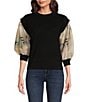 Color:Black/Ivory/Sand - Image 1 - Mixed Media Printed Organza Crew Neck 3/4 Sleeve Top