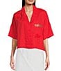 Color:Flame - Image 1 - Notch Collar Short Sleeve Embellished Chest Pocket Button Front Shirt