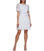Color:Cloud Multi - Image 1 - Petite Size Cloud Dot Print Short Puff Sleeve Crew Neck Crinkle Chiffon Fit and Flare Dress