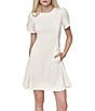 Donna Karan DKNY by Donna Karan Petite Size Crew Neck Short Tulip Sleeve Fit and Flare Dress, Color:Eggshell - Image 1