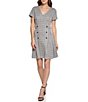 Color:Black Cream - Image 1 - Petite Size Gingham Print Short Sleeve V-Neck Button Detailed Fit and Flare Dress