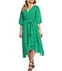 Color:Apple Green - Image 1 - Petite Size 3/4 Balloon Sleeve V-Neck Chiffon Faux Wrap Midi Dress