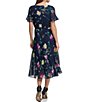 Color:Navy Multi - Image 2 - Petite Size Short Flutter Sleeve Floral Print Chiffon Round Neck Midi Dress