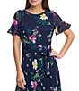 Color:Navy Multi - Image 3 - Petite Size Short Flutter Sleeve Floral Print Chiffon Round Neck Midi Dress
