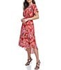 Donna Karan DKNY by Donna Karan Petite Size Short Flutter Sleeve V-Neck Printed Fit and Flare Midi Dress, Color:Pink Multi - Image 3