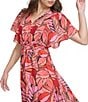Color:Pink Multi - Image 4 - Petite Size Short Flutter Sleeve V-Neck Printed Fit and Flare Maxi Dress