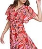 Donna Karan DKNY by Donna Karan Petite Size Short Flutter Sleeve V-Neck Printed Fit and Flare Midi Dress, Color:Pink Multi - Image 4