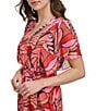 Donna Karan DKNY by Donna Karan Petite Size Short Flutter Sleeve V-Neck Printed Fit and Flare Midi Dress, Color:Pink Multi - Image 5
