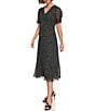 Color:Black/Cream - Image 3 - Petite Size Short Ruched Sleeve V-Neck Polka Dot Chiffon Midi Dress