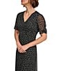 Color:Black/Cream - Image 4 - Petite Size Short Ruched Sleeve V-Neck Polka Dot Chiffon Midi Dress