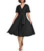 Color:Black - Image 4 - Pleated Surplice V-Neckline Short Sleeve Midi Dress