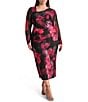 Donna Karan DKNY by Donna Karan Plus Size Asymmetrical Neck Long Sleeve Ruched Bodice Midi Dress, Color:Black Multi - Image 1
