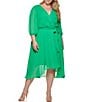 Color:Apple Green - Image 1 - Plus Size 3/4 Balloon Sleeve V-Neck Chiffon Faux Wrap Midi Dress