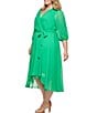 Color:Apple Green - Image 3 - Plus Size 3/4 Balloon Sleeve V-Neck Chiffon Faux Wrap Midi Dress