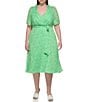 Color:Island Green - Image 1 - Plus Size Short Puffed Sleeve Surplice V-Neck Tie Waist Midi Dress