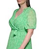 Color:Island Green - Image 4 - Plus Size Short Puffed Sleeve Surplice V-Neck Tie Waist Midi Dress