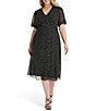 Donna Karan DKNY by Donna Karan Plus Size Short Ruched Sleeve V-Neck Polka Dot Chiffon Midi Dress, Color:Black/Cream - Image 1