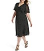 Donna Karan DKNY by Donna Karan Plus Size Short Ruched Sleeve V-Neck Polka Dot Chiffon Midi Dress, Color:Black/Cream - Image 3