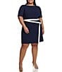 Color:Navy/Ivory - Image 1 - Plus Size Short Sleeve Boat Neck Wrap Skirt Scuba Crepe Dress