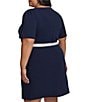 Color:Navy/Ivory - Image 2 - Plus Size Short Sleeve Boat Neck Wrap Skirt Scuba Crepe Dress