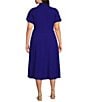Color:Marine - Image 2 - Plus Size Short Sleeve Point Collar Tie Waist Fit and Flare Midi Dress