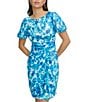 Color:Submerge Multi - Image 3 - Printed Crinkle Chiffon Boat Neck Short Puff Sleeve Front Drape Sheath Dress