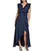 Color:Navy - Image 1 - Printed V-Neck Sleeveless Faux Wrap Ruffled Trim High-Low Hem Gown