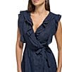 Color:Navy - Image 3 - Printed V-Neck Sleeveless Faux Wrap Ruffled Trim High-Low Hem Gown