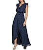 Color:Navy - Image 4 - Printed V-Neck Sleeveless Faux Wrap Ruffled Trim High-Low Hem Gown