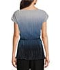 Color:Frost Blue - Image 2 - Ribbed Stripe Suede Satin Ombre Boat Neck Short Sleeve Tie Waist Top