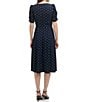 Color:Midnight/Antique Ivory - Image 2 - Ruched Short Sleeve A-Line Crew Neck Polka Dot Midi Dress