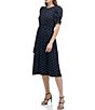 Color:Midnight/Antique Ivory - Image 3 - Ruched Short Sleeve A-Line Crew Neck Polka Dot Midi Dress
