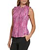 Color:Hibiscus Multi - Image 3 - Ruffled Crew Neck Pleated Button Back Tank