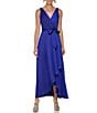 Color:Berry Blue - Image 1 - Satin Surplice V-Neck Sleeveless Faux Wrap Self-Tie Belted Dress
