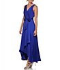 Color:Berry Blue - Image 3 - Satin Surplice V-Neck Sleeveless Faux Wrap Self-Tie Belted Dress