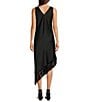 Color:Black - Image 2 - Satin V-Neck Sleeveless Asymmetrical Hemline Fringe Slip Midi Dress