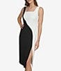 Color:Black/Cream - Image 3 - Scuba Crepe Colorblock Square Neck Sleeveless Front Slit Sheath Dress