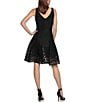 Color:Black - Image 2 - Dkny Sequin Embroidered Mesh Illusion Hem V Neckline Sleeveless Fit and Flare Dress