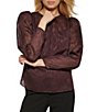 Color:Bordeaux - Image 1 - Sheer 3/4 Sheer Puffed Sleeve Shimmer Detail Round Neck Blouse
