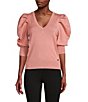 Color:Rogue Blush - Image 1 - Short Puff Sleeve V-Neck Knit Top