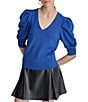 Color:Lapis Blue - Image 1 - Short Pleated Puffed Elbow Sleeve V-Neck Knit Top