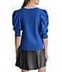 Color:Lapis Blue - Image 2 - Short Pleated Puffed Elbow Sleeve V-Neck Knit Top
