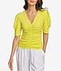 Color:Fluorescent Yellow - Image 1 - Short Puff Sleeve V-Neck Ruched Top