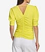 Color:Fluorescent Yellow - Image 2 - Short Puff Sleeve V-Neck Ruched Top