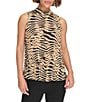 Color:Cashew Multi - Image 1 - Sleeveless Banded Neck Pleated Animal Print Top