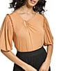 Color:Saddle Tan - Image 1 - Solid Asymmetrical Neck Short Puffed Sleeve Hardware Jersey Knit Top