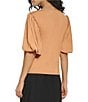 Color:Saddle Tan - Image 2 - Solid Asymmetrical Neck Short Puffed Sleeve Hardware Jersey Knit Top