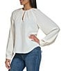 Color:Ivory - Image 3 - Solid Satin Twill Pleated Crew Neck Long Sleeve Blouse